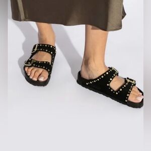 Birkenstock Arizona Rivet Border Slides Black Sandals with Gold Studs 39